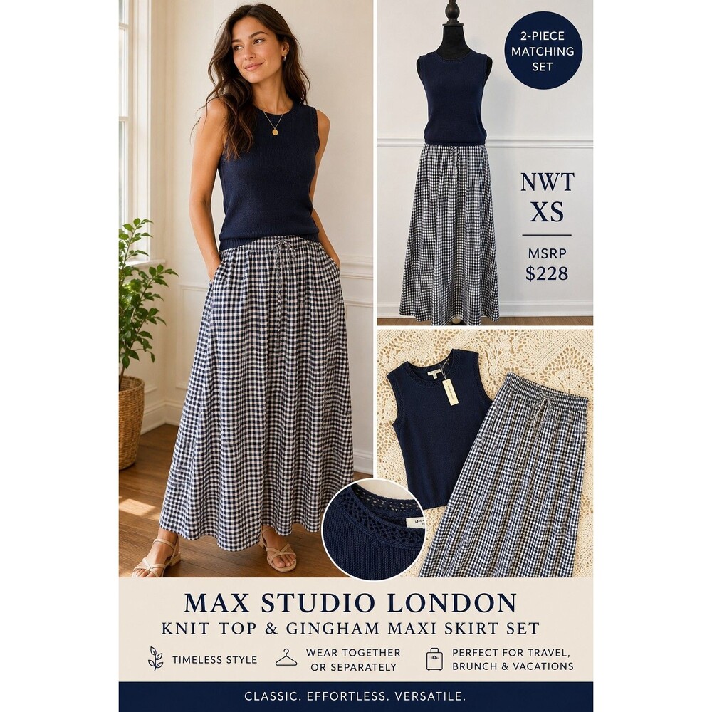 NWT Max Studio London XS Navy Knit Tank & Gingham Check Maxi Skirt Set MSRP $228
